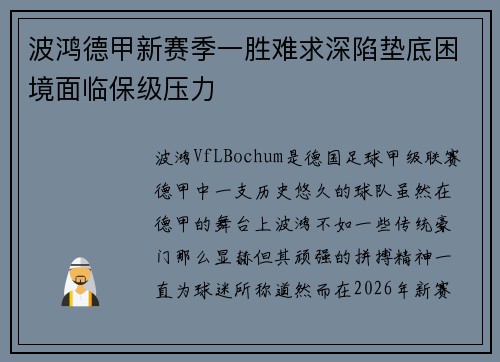 波鸿德甲新赛季一胜难求深陷垫底困境面临保级压力 波鸿德甲新赛季一胜难求深陷垫底困境面临保级压力
