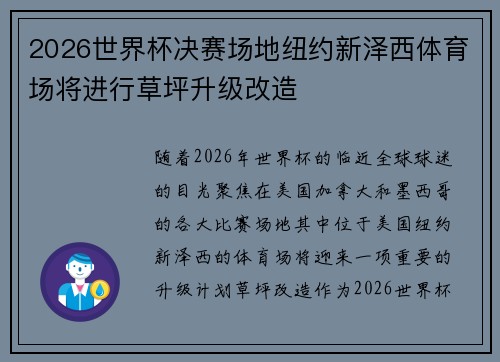 2026世界杯决赛场地纽约新泽西体育场将进行草坪升级改造 2026世界杯决赛场地纽约新泽西体育场将进行草坪升级改造