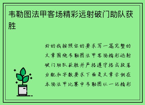 韦勒图法甲客场精彩远射破门助队获胜